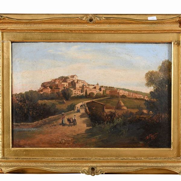 DIPINTO PAESAGGIO COLLINARE CON BORGO F.TO F.J. FORGIONE