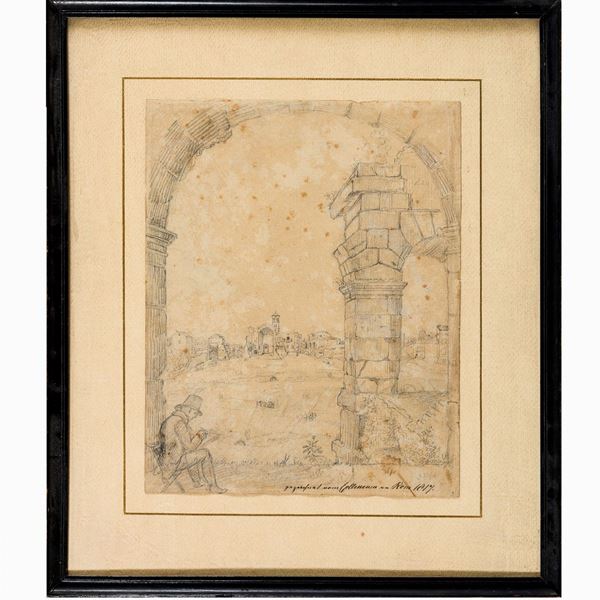DISEGNO ARTISTA CHE DISEGNA IL FORO ROMANO DAL COLOSSEO