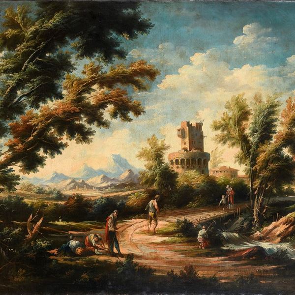 DIPINTO PAESAGGIO CON VIANDANTI DI PITTORE ACCADEMICO