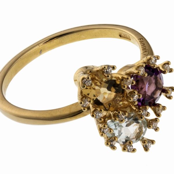 ANELLO CON AMETISTA, TOPAZIO, ACQUAMARINA E BRILLANTI