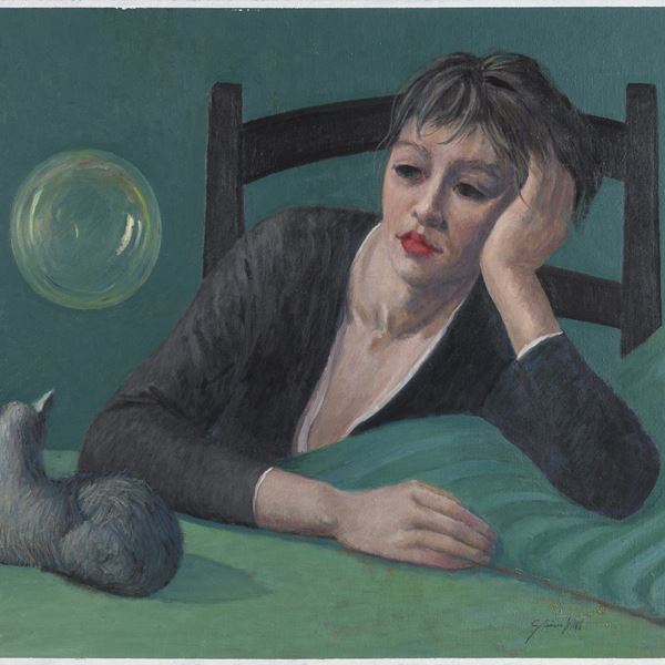 DIPINTO RAGAZZA CON GATTO, ANNI '80