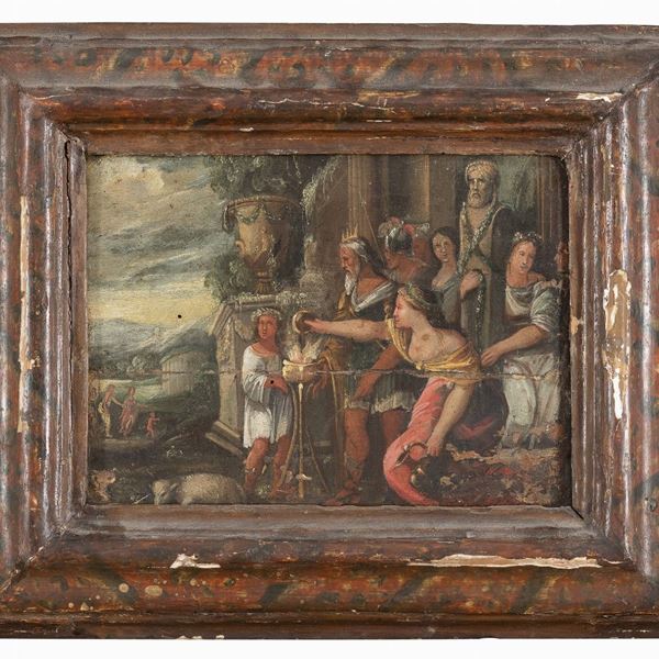 TAVOLA OFFERTA AGLI DEI DI PITTORE OLANDESE DEL SEICENTO