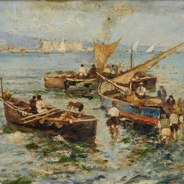 DIPINTO BARCHE DI PESCATORI DI PITTORE NAPOLETANO