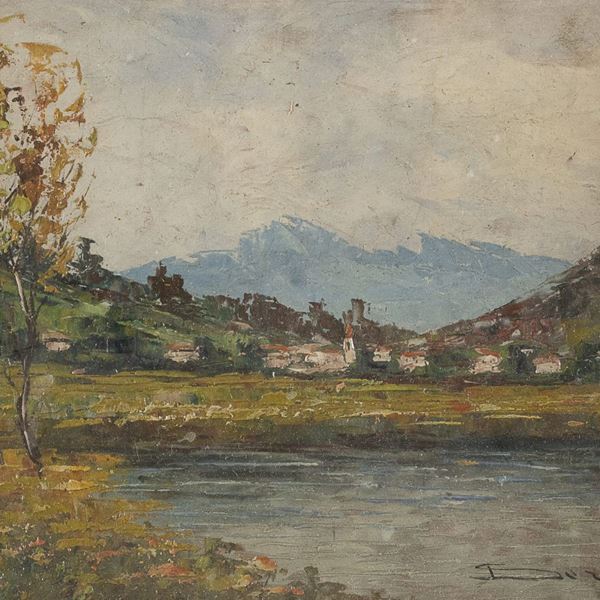 DIPINTO PAESAGGIO LACUSTRE MONTANO