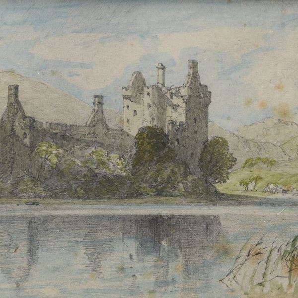 ACQUERELLO CASTELLO SUL LAGO DI SCUOLA INGLESE