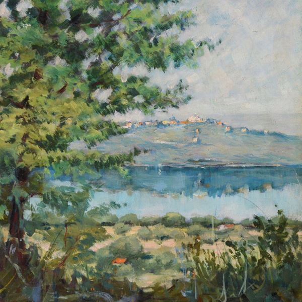 DIPINTO PAESAGGIO LACUSTRE DI PITTORE EUROPEO