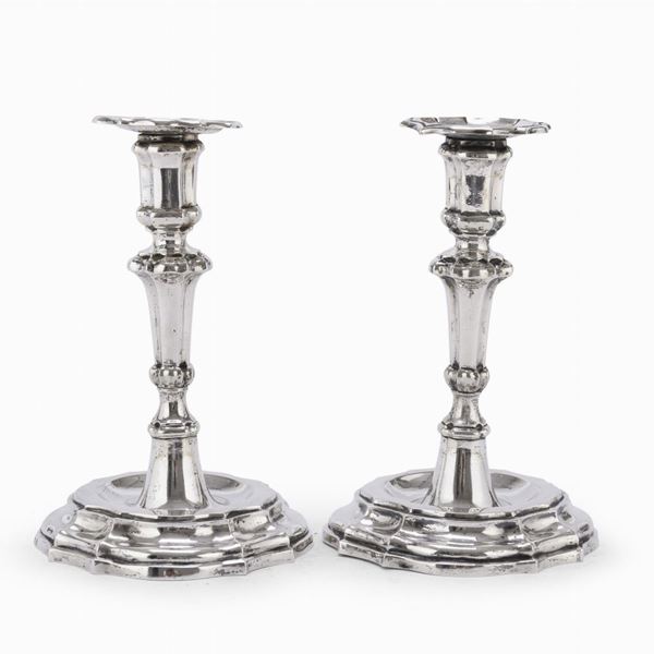 COPPIA DI CANDELIERI IN ARGENTO, PROVIDONI BOLOGNA 1750