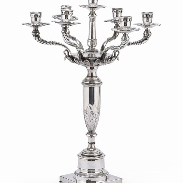 CANDELABRO IN ARGENTO, MESSULAN MILANO 1950 ca.