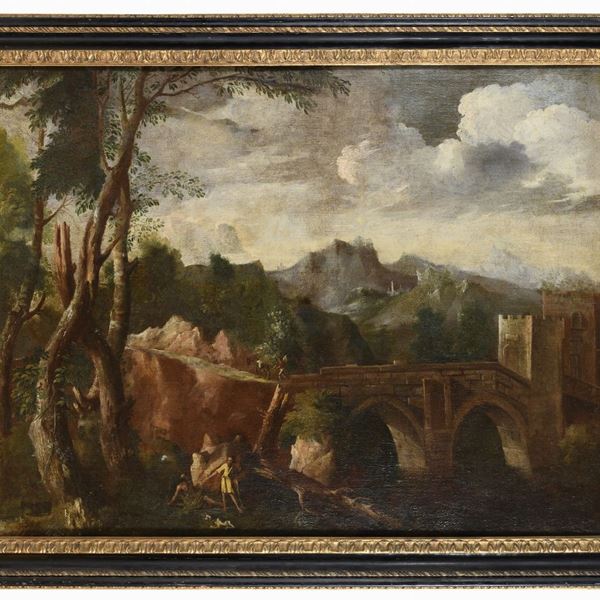 DIPINTO PAESAGGIO CON EREMITI DI PITTORE ROMANO