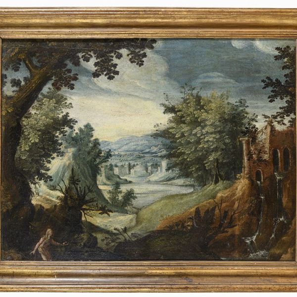 PAESAGGIO CON SAN GIROLAMO DI PITTORE FIAMMINGO INIZI SEICENTO