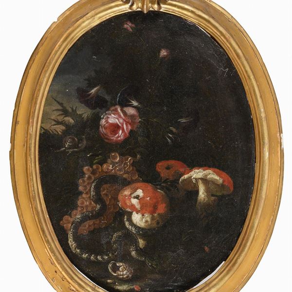 PAESAGGIO CON FIORI DI PITTORE NAPOLETANO DEL SEICENTO