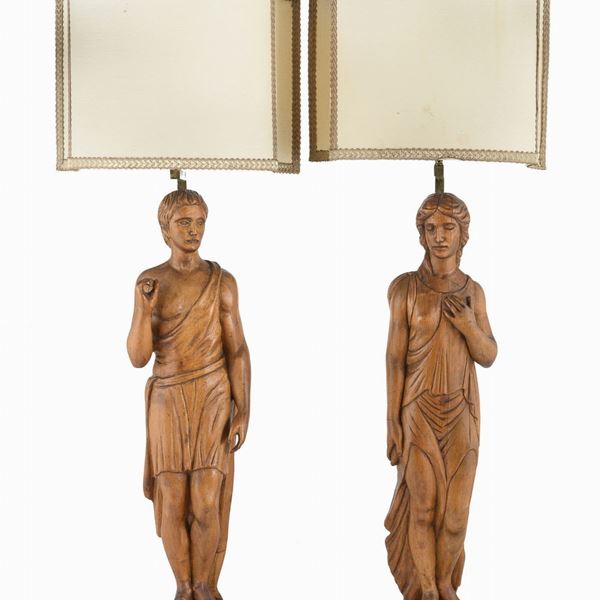 COPPIA DI SCULTURE IN BOSSO ADATTATE A LUMI