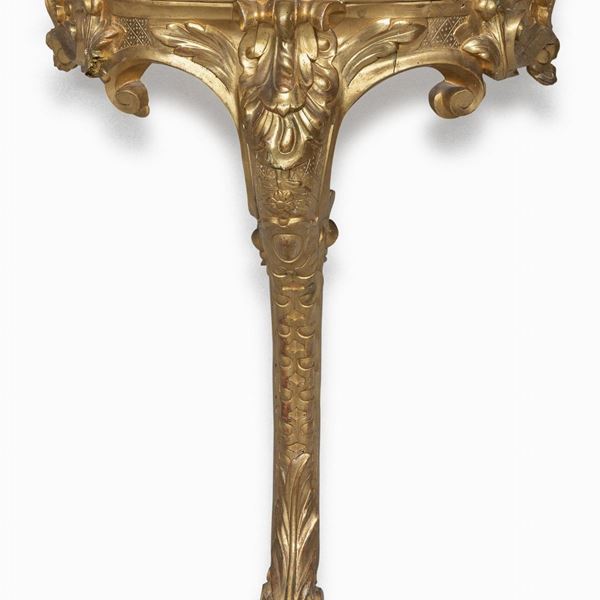 CONSOLE MONOGAMBA IN LEGNO DORATO, XVIII SECOLO