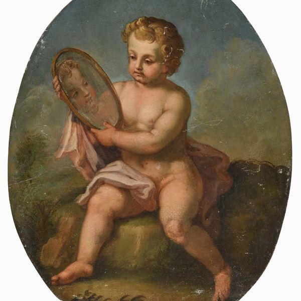 DIPINTO PUTTO CON SPECCHIO OVALE O ALLEGORIA DELLA VISTA