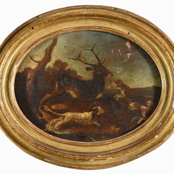 COPPIA DIPINTI ASSALTI DI CANI DEL SETTECENTO