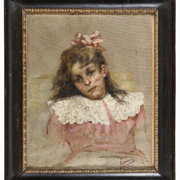 DIPINTO FANCIULLA DAL FIOCCO ROSA DI PITTORE EUROPEO
