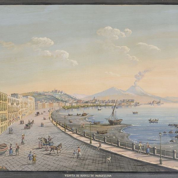 GOUACHE VEDUTA DI NAPOLI DA MERGELLINA