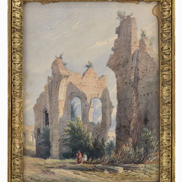 ACQUERELLO ROVINE CON CARDINALE DI PITTORE TEDESCO