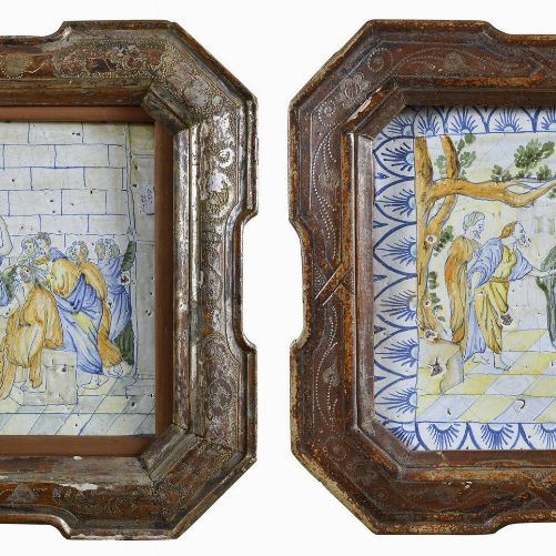 COPPIA DI MATTONELLE IN MAIOLICA, PROBABILMENTE CASTELLI