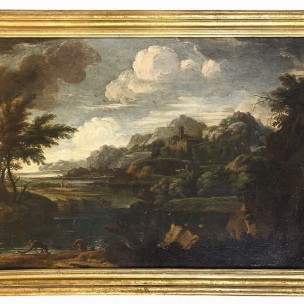 DIPINTO PAESAGGIO FLUVIALE DI PITTORE ROMANO DEL SETTECENTO