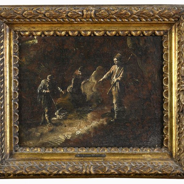DIPINTO VIANDANTI IN GROTTA DI PITTORE GENOVESE DEL SETTECENTO
