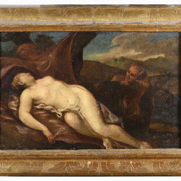 VENERE SPIATA DA UN SATIRO DI PITTORE VENETO DEL SEICENTO