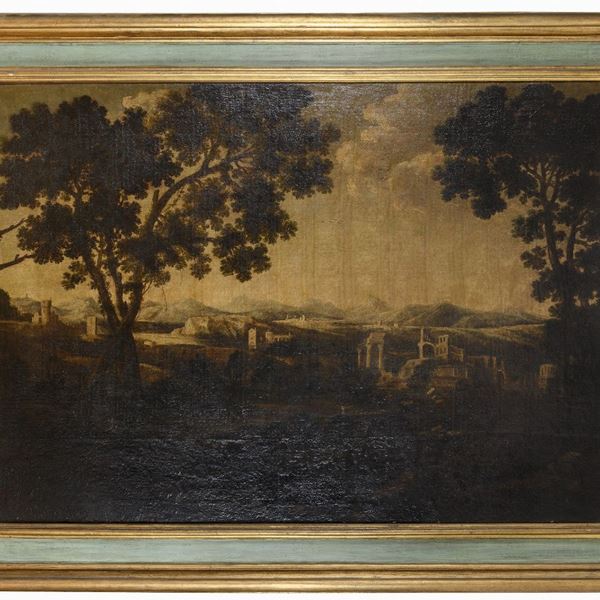 DIPINTO PAESAGGIO CON SCORCIO DEL COLOSSEO DEL SEICENTO