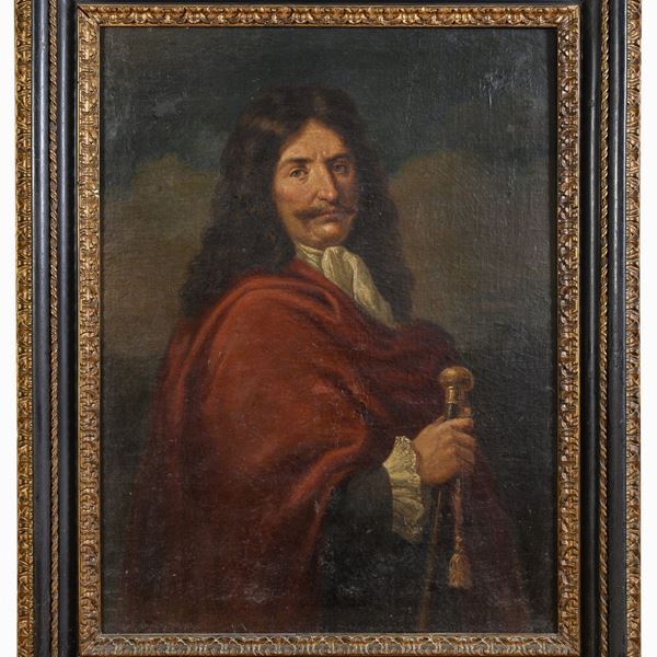 DIPINTO RITRATTO DI ARTISTA CON BASTONE DA PASSEGGIO