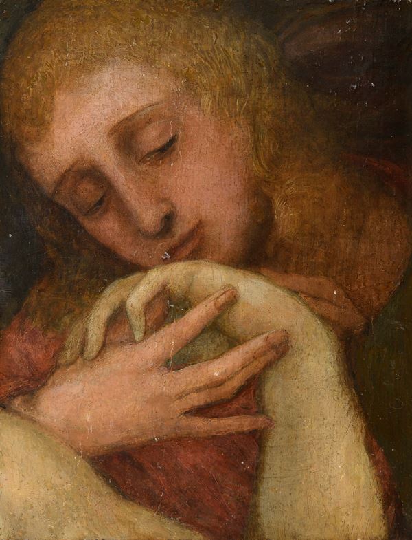 DIPINTO MANIERISTA SU TAVOLA COMPIANTO SUL CRISTO MORTO