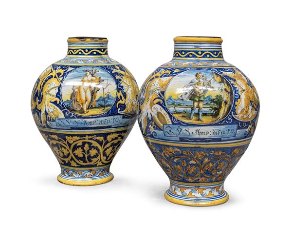 BELLA COPPIA DI VASI IN MAIOLICA, CANTAGALLI