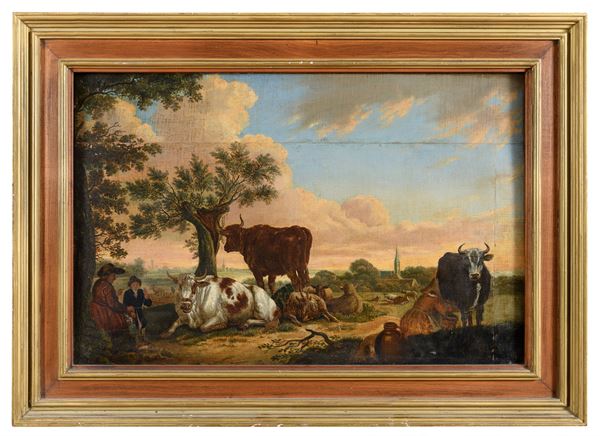 PAESAGGIO CON ARMENTI E CONTADINI DI SCUOLA OLANDESE