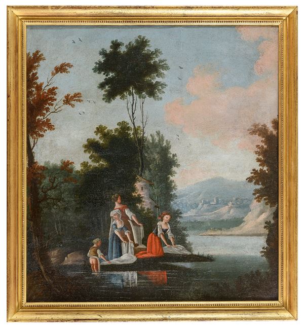 LAVANDAIE PRESSO UN FIUME DI PITTORE FRANCESE