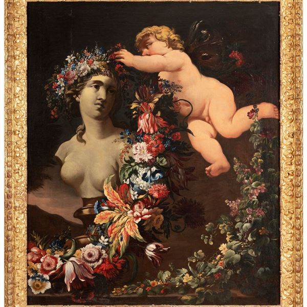 DIPINTO ALLEGORIA ATTRIBUITO A ABRAHAM BRUEGHEL E GUILLAUME COURTOIS