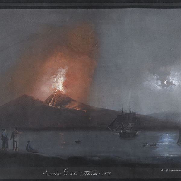 GOUACHE ERUZIONE DEL VESUVIO DI VINCENZO FERRI