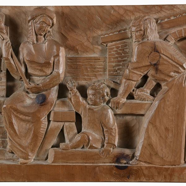 COPPIA DI BASSORILIEVI LIGNEI DI AUGUSTO MURER, 1950