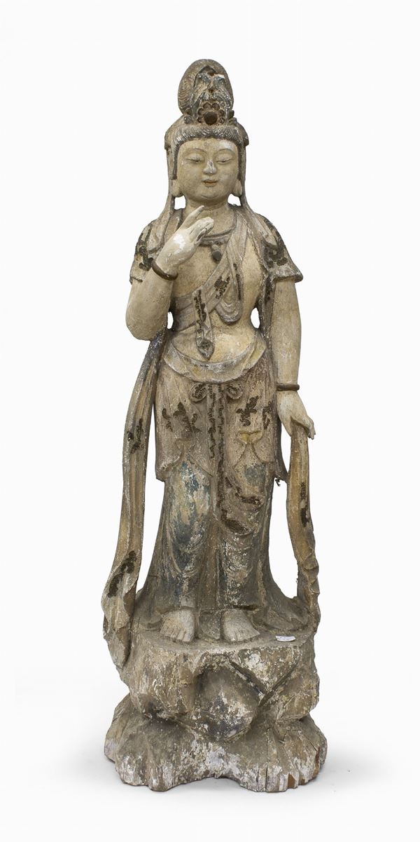 SCULTURA DI GUANYIN IN LEGNO DIPINTO IN POLICROMIA, CINA