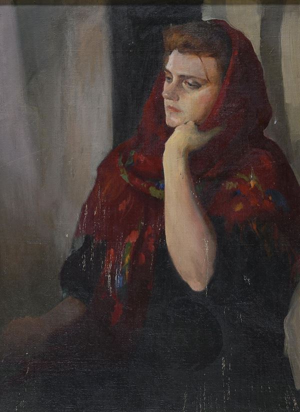 DIPINTO DONNA CON FOULARD ROSSO