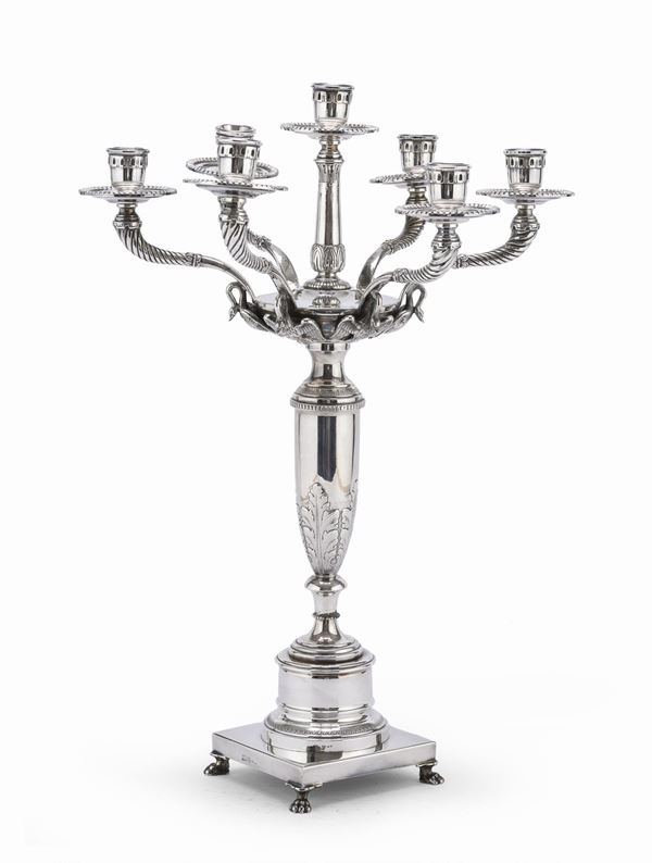 CANDELABRO IN ARGENTO, MESSULAN MILANO 1950 ca.