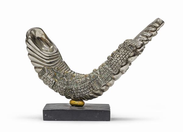 SCULTURA DI ZANNA IN STUCCO LAMINATO IN ARGENTO
