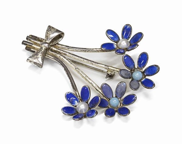SPILLA IN ARGENTO E SMALTI, ANNI '40/'50