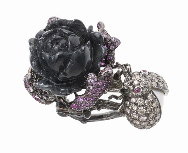 ANELLO CON DIAMANTI, ZAFFIRI , GIADA E PERLA DESIGN WENDY YUE