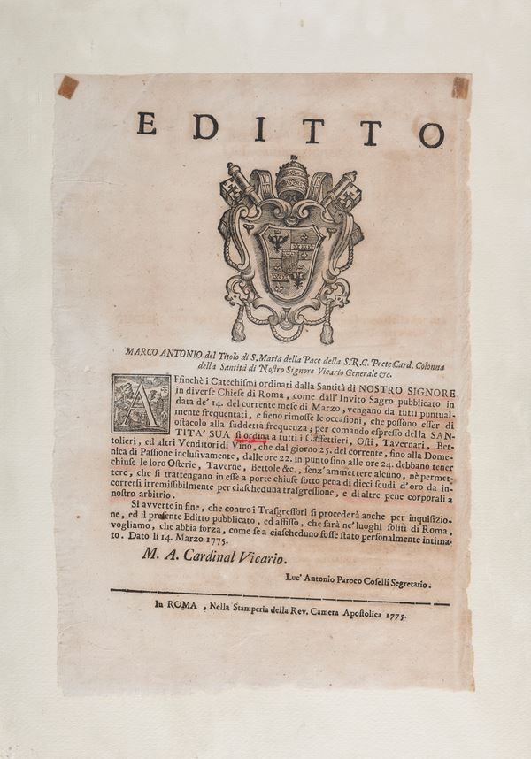 EDITTO A STAMPA DEL CARDINAL COLONNA, 1775