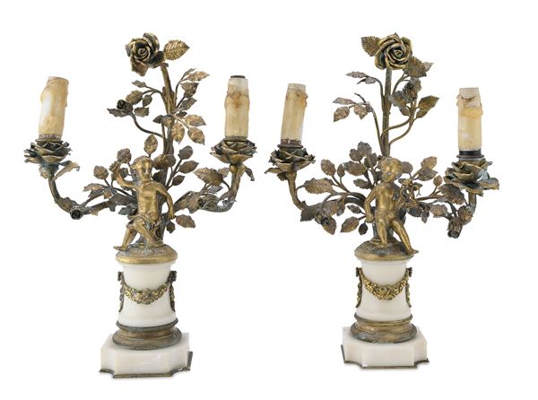 COPPIA DI PICCOLI CANDELABRI IN BRONZO E MARMO