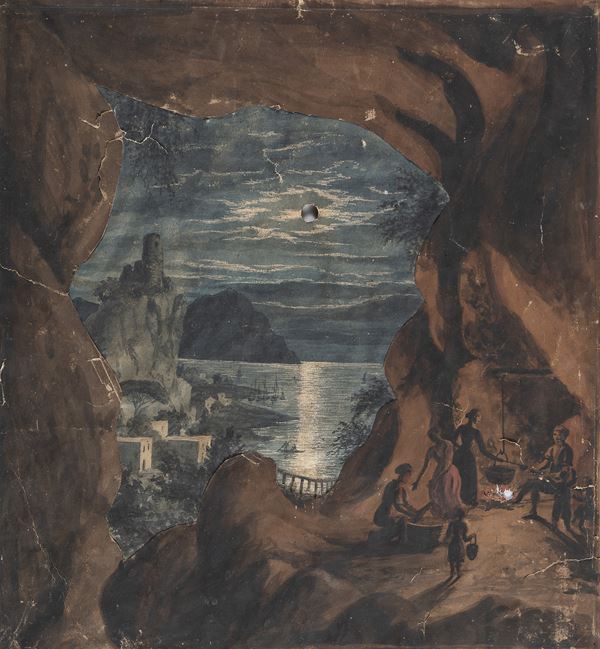 ACQUERELLO NOTTURNO PRESSO UNA GROTTA COSTIERA