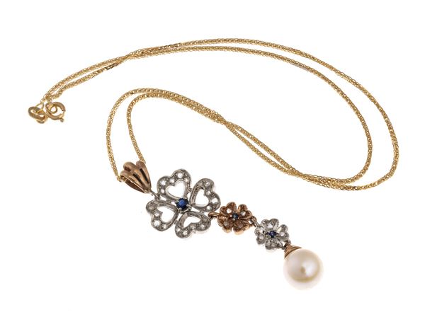 GIROCOLLO CON BRILLANTI, ZAFFIRI E PERLA