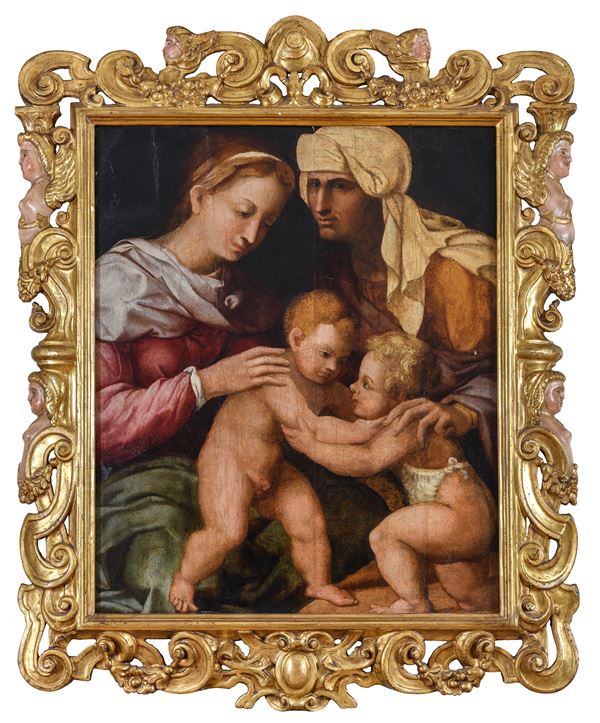 TAVOLA SACRA FAMIGLIA DI PITTORE SENESE INIZI XVI SECOLO