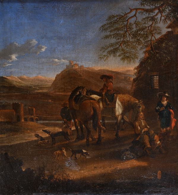 DIPINTO SOSTA DI CAVALIERI DELLA CERCHIA DI ALBERT CUYP