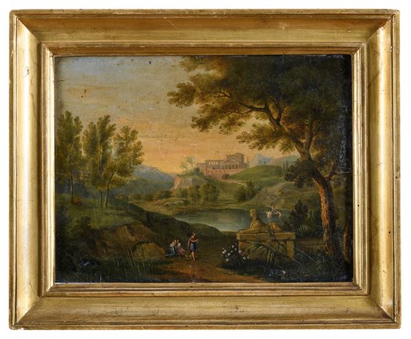 DIPINTO PAESAGGIO LACUSTRE CON CITTA ROMANA E PREDICATORE