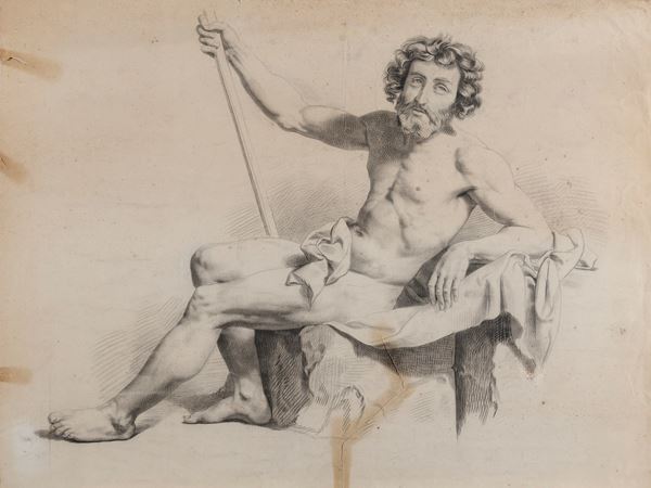 DISEGNO NUDO MASCHILE SDRAIATO DI PITTORE EUROPEO