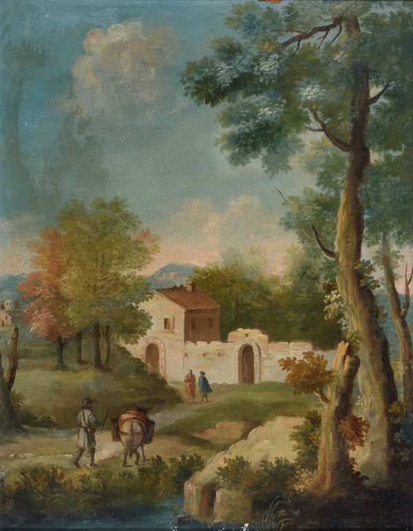 DIPINTO PAESAGGIO CON CONVENTO E PASTORI